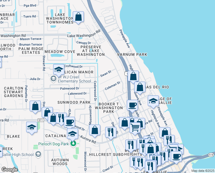 map of restaurants, bars, coffee shops, grocery stores, and more near 1096 Coleman Street in Melbourne