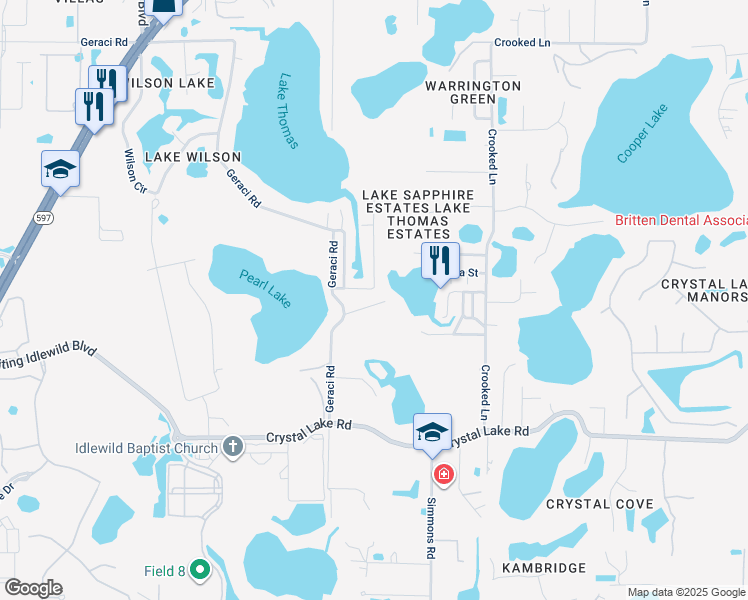 map of restaurants, bars, coffee shops, grocery stores, and more near 1407 May Street in Lutz