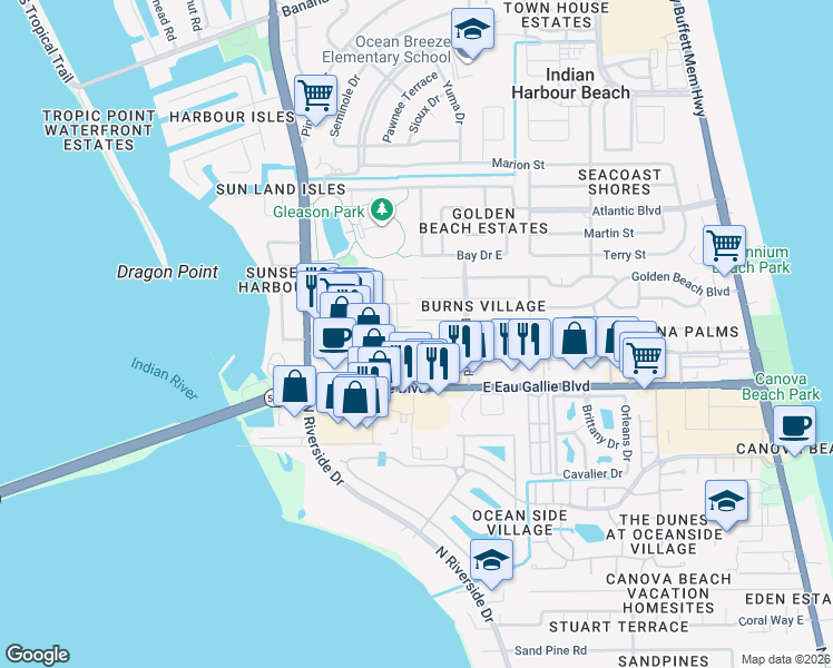 map of restaurants, bars, coffee shops, grocery stores, and more near 1136 Mary Joye Avenue in Satellite Beach