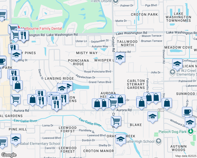 map of restaurants, bars, coffee shops, grocery stores, and more near 2210 Grand Teton Boulevard in Melbourne