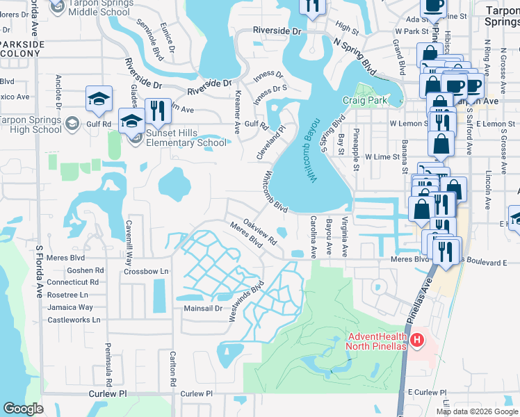 map of restaurants, bars, coffee shops, grocery stores, and more near 947 Ridgewood Terrace in Tarpon Springs