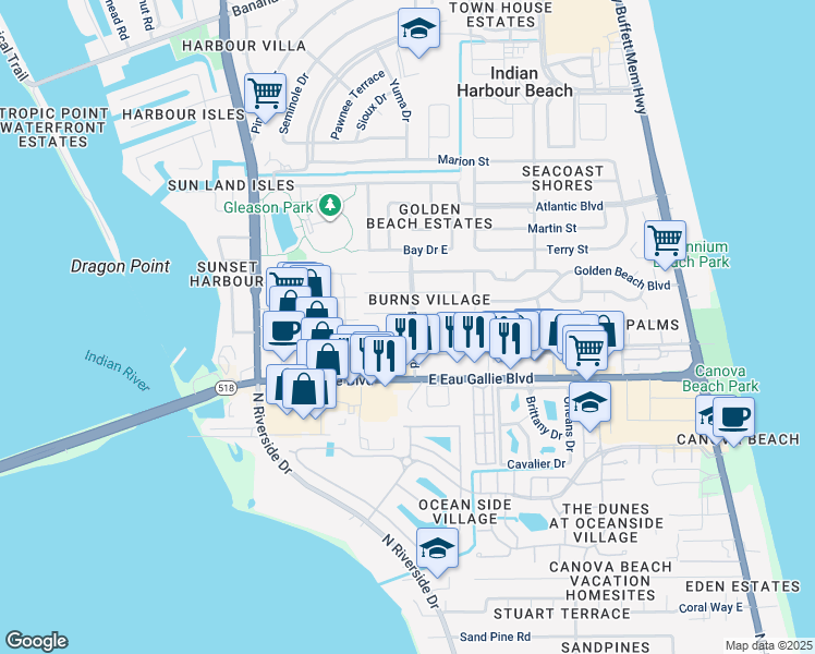map of restaurants, bars, coffee shops, grocery stores, and more near 333 Mary Joye Avenue in Indian Harbour Beach