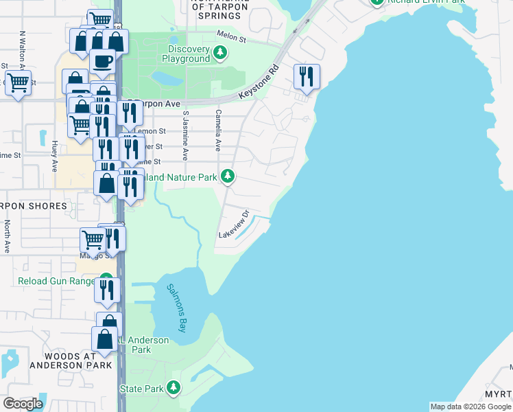 map of restaurants, bars, coffee shops, grocery stores, and more near 1435 Wegman Drive in Tarpon Springs