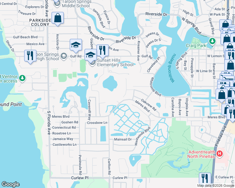 map of restaurants, bars, coffee shops, grocery stores, and more near 730 Hidden Lake Drive in Tarpon Springs