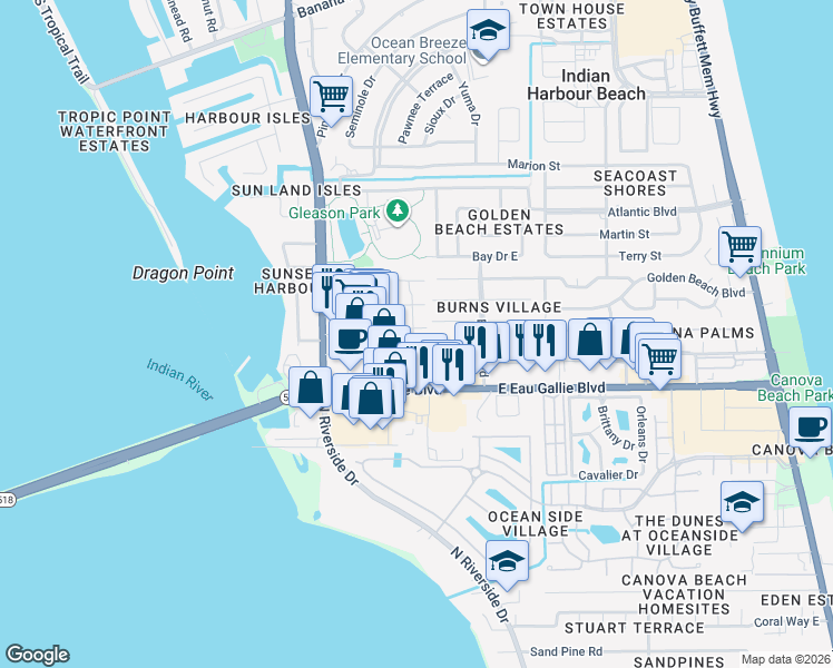 map of restaurants, bars, coffee shops, grocery stores, and more near 2202 Parkside Place in Satellite Beach