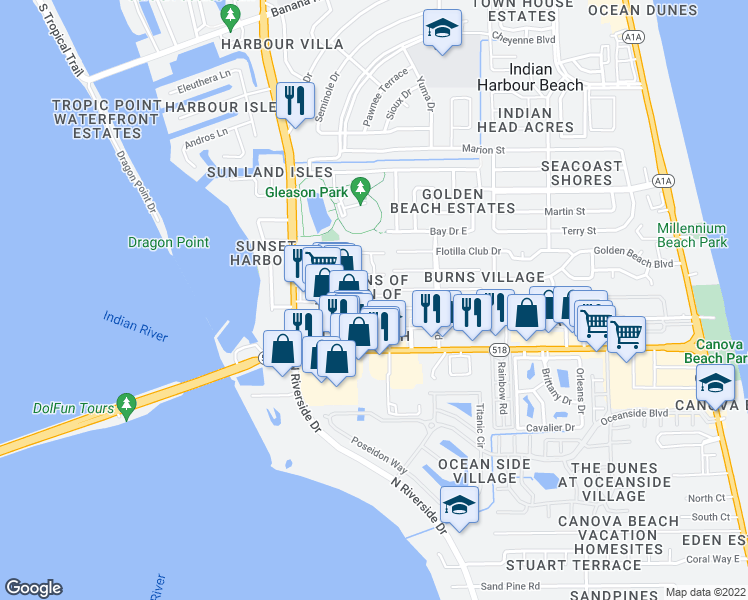 map of restaurants, bars, coffee shops, grocery stores, and more near 1560 Parkside Place in Indian Harbour Beach