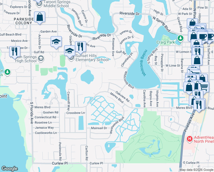 map of restaurants, bars, coffee shops, grocery stores, and more near 724 Woodmont Drive in Tarpon Springs