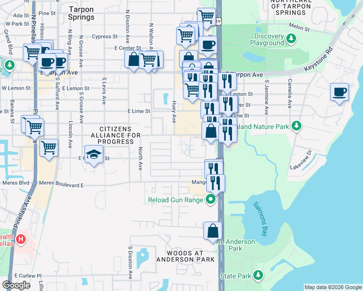 map of restaurants, bars, coffee shops, grocery stores, and more near 34142 Polly Drive in Tarpon Springs