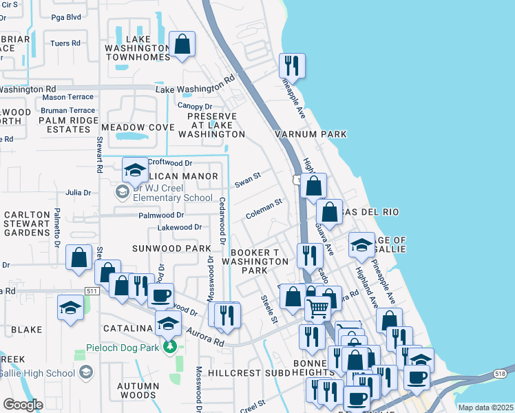 map of restaurants, bars, coffee shops, grocery stores, and more near 1096 Coleman Street in Melbourne
