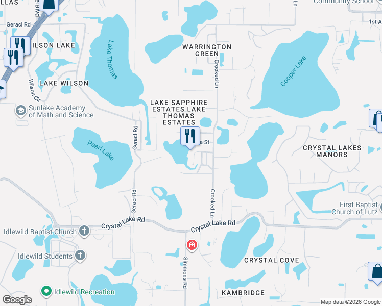 map of restaurants, bars, coffee shops, grocery stores, and more near 100 Main Street in Lutz