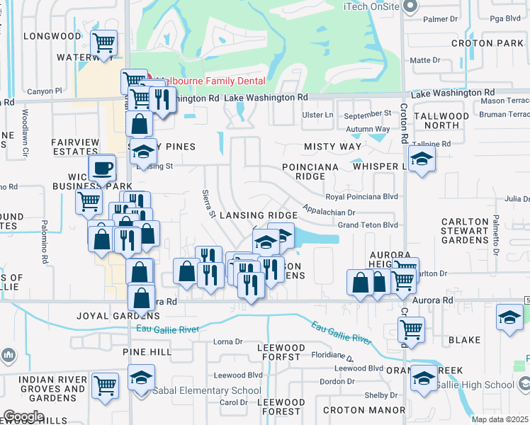 map of restaurants, bars, coffee shops, grocery stores, and more near 2005 Lansing Street in Melbourne