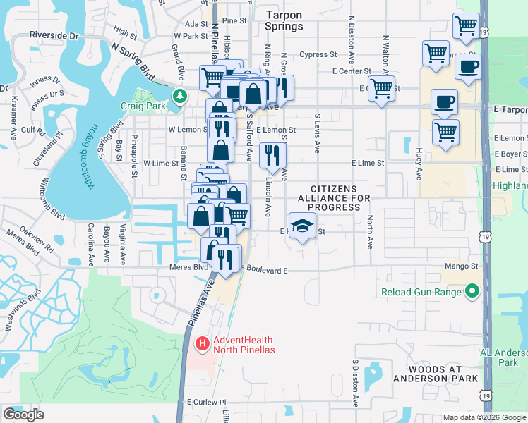 map of restaurants, bars, coffee shops, grocery stores, and more near 715 Lincoln Avenue in Tarpon Springs