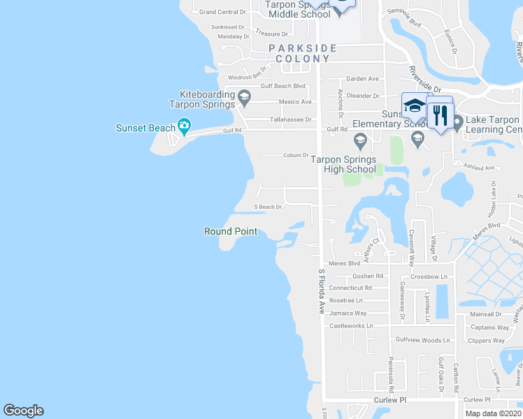 map of restaurants, bars, coffee shops, grocery stores, and more near 6 South Beach Drive in Tarpon Springs