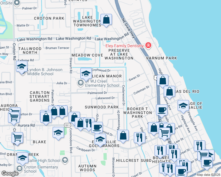 map of restaurants, bars, coffee shops, grocery stores, and more near 1329 Palmwood Drive in Melbourne