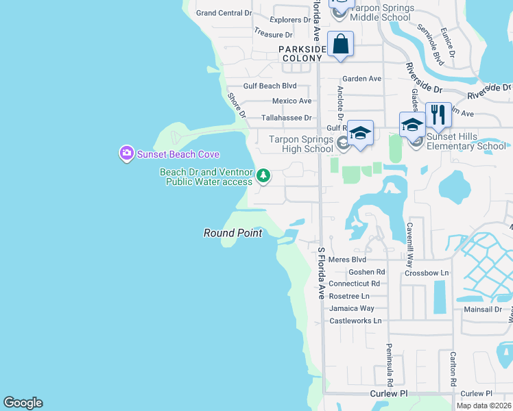 map of restaurants, bars, coffee shops, grocery stores, and more near 6 South Beach Drive in Tarpon Springs