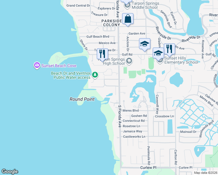 map of restaurants, bars, coffee shops, grocery stores, and more near 1706 Alexander Lane in Tarpon Springs