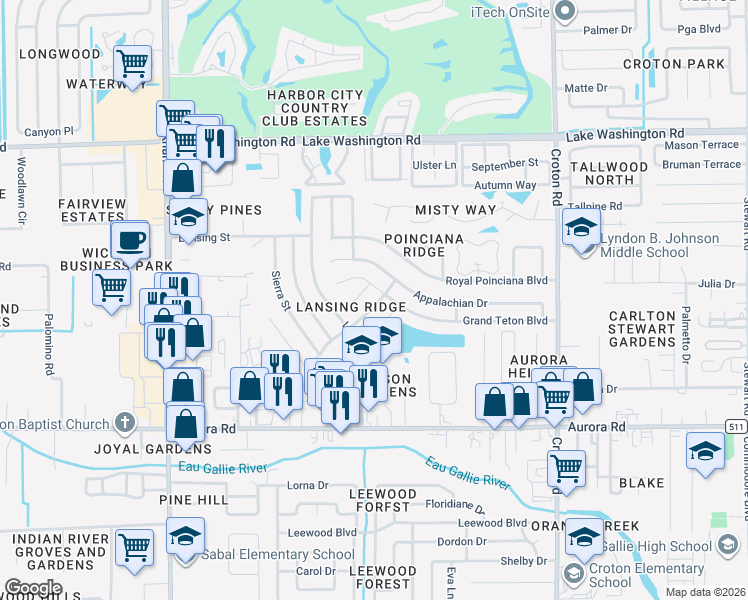 map of restaurants, bars, coffee shops, grocery stores, and more near 2020 Adirondack Circle in Melbourne