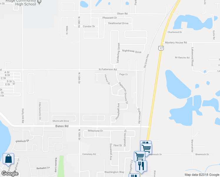 map of restaurants, bars, coffee shops, grocery stores, and more near 5036 Harvest Drive in Haines City