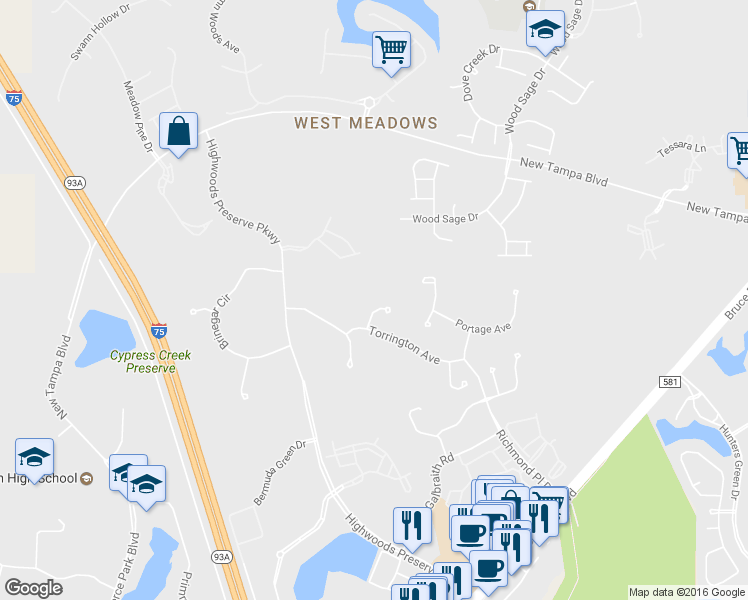 map of restaurants, bars, coffee shops, grocery stores, and more near 18312 Elmhurst Lane in Tampa