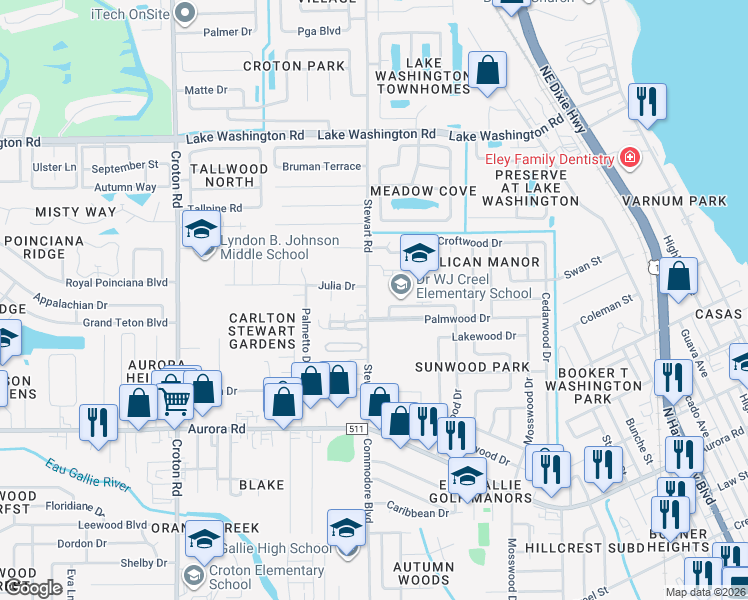 map of restaurants, bars, coffee shops, grocery stores, and more near 2113 Stewart Road in Melbourne