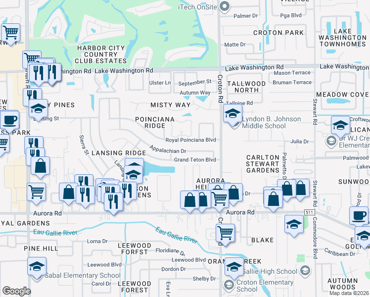 map of restaurants, bars, coffee shops, grocery stores, and more near 2195 Royal Poinciana Boulevard in Melbourne