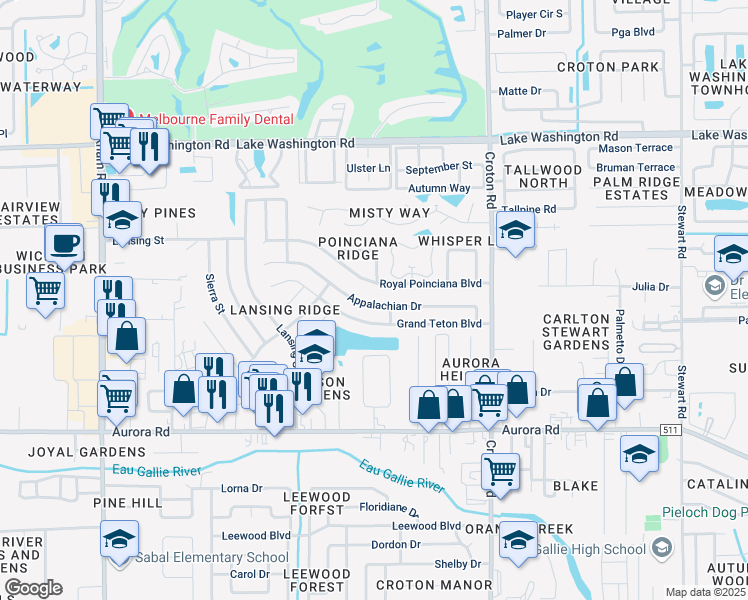 map of restaurants, bars, coffee shops, grocery stores, and more near 2099 Santa Lucia Circle in Melbourne