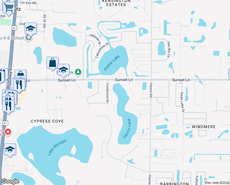 map of restaurants, bars, coffee shops, grocery stores, and more near 1105 Sunset Lane in Lutz