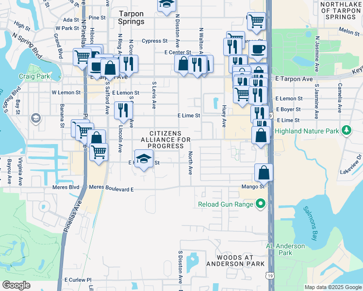 map of restaurants, bars, coffee shops, grocery stores, and more near 611 East Martin Luther King Junior Drive in Tarpon Springs