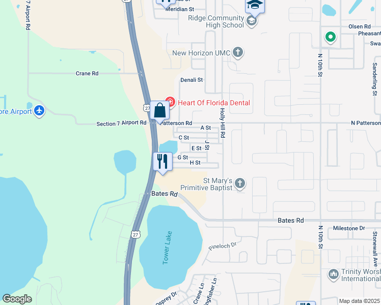 map of restaurants, bars, coffee shops, grocery stores, and more near 251 Patterson Road in Haines City