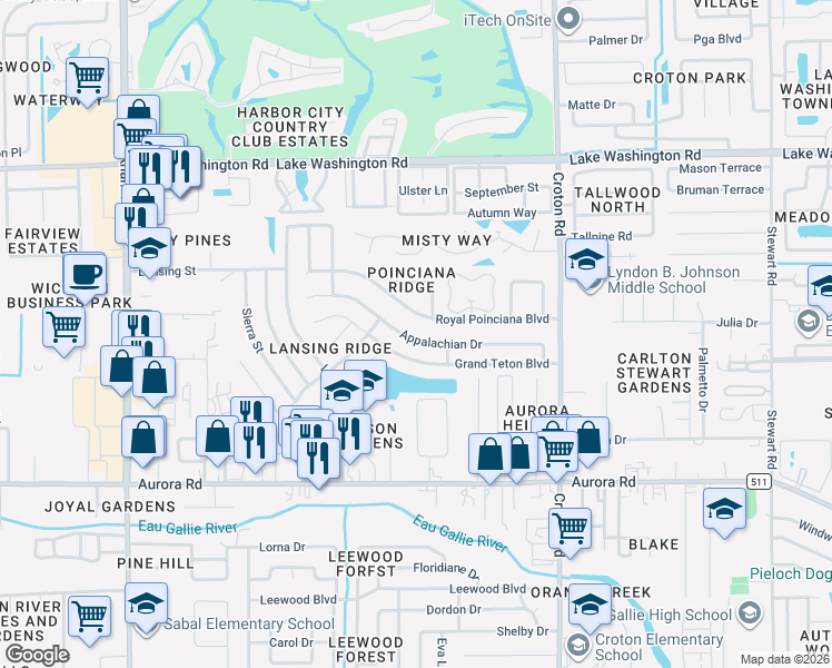 map of restaurants, bars, coffee shops, grocery stores, and more near 2279 Royal Poinciana Boulevard in Melbourne