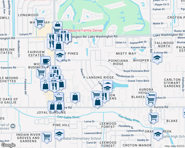 map of restaurants, bars, coffee shops, grocery stores, and more near 2053 Lansing Street in Melbourne
