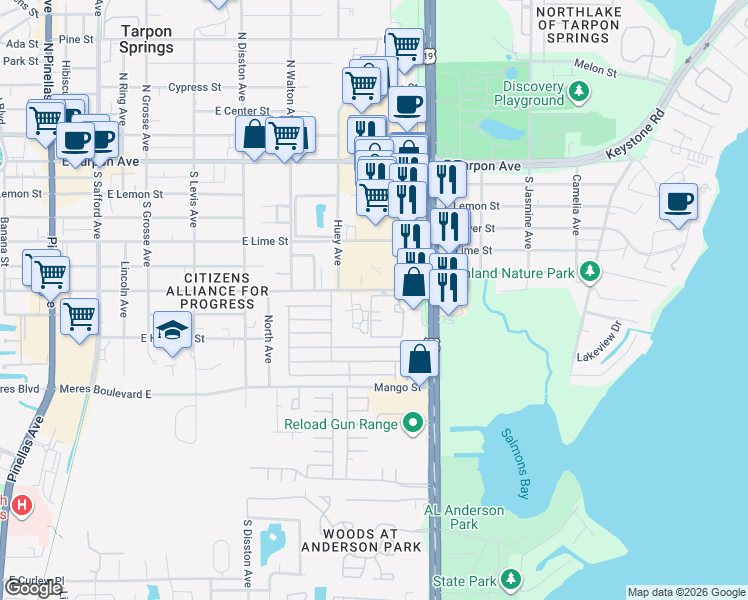 map of restaurants, bars, coffee shops, grocery stores, and more near 905 East Martin Luther King Junior Drive in Tarpon Springs