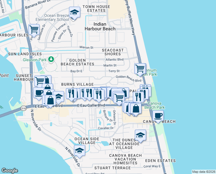 map of restaurants, bars, coffee shops, grocery stores, and more near 950 Golden Beach Boulevard in Satellite Beach