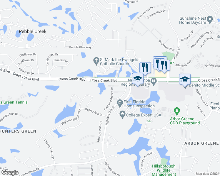 map of restaurants, bars, coffee shops, grocery stores, and more near 18128 Courtney Breeze Drive in Tampa