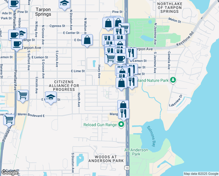 map of restaurants, bars, coffee shops, grocery stores, and more near 905 East Martin Luther King Junior Drive in Tarpon Springs