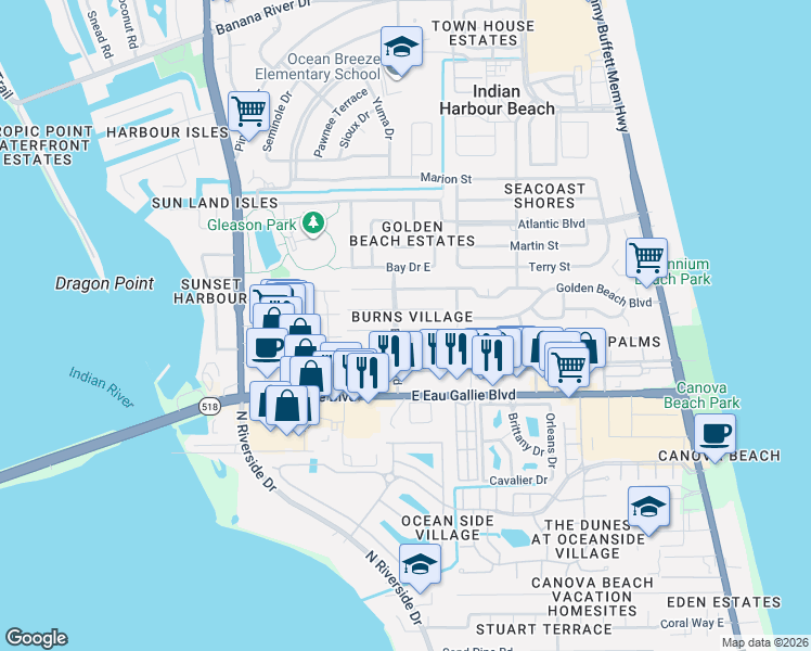 map of restaurants, bars, coffee shops, grocery stores, and more near 1043 Ashley Avenue in Satellite Beach