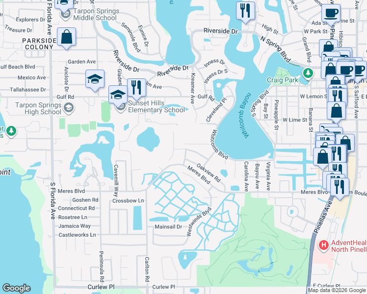 map of restaurants, bars, coffee shops, grocery stores, and more near 610 Poulos Lane in Tarpon Springs