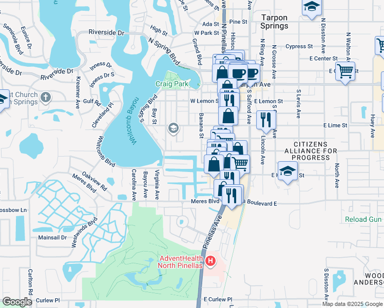map of restaurants, bars, coffee shops, grocery stores, and more near 221 West Martin Luther King Junior Drive in Tarpon Springs