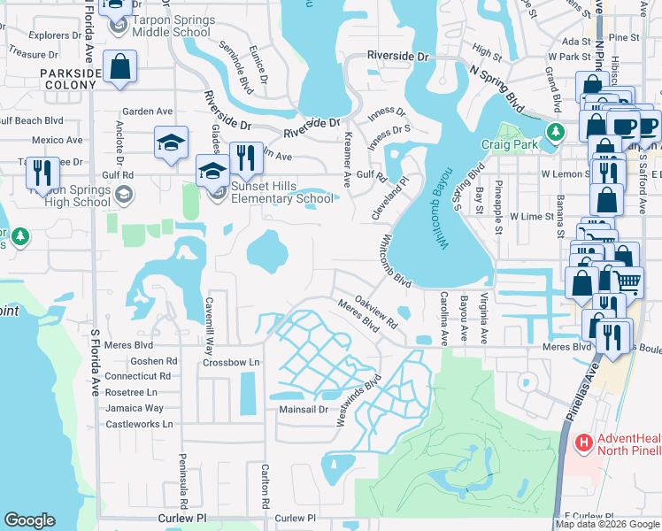 map of restaurants, bars, coffee shops, grocery stores, and more near 610 Poulos Lane in Tarpon Springs