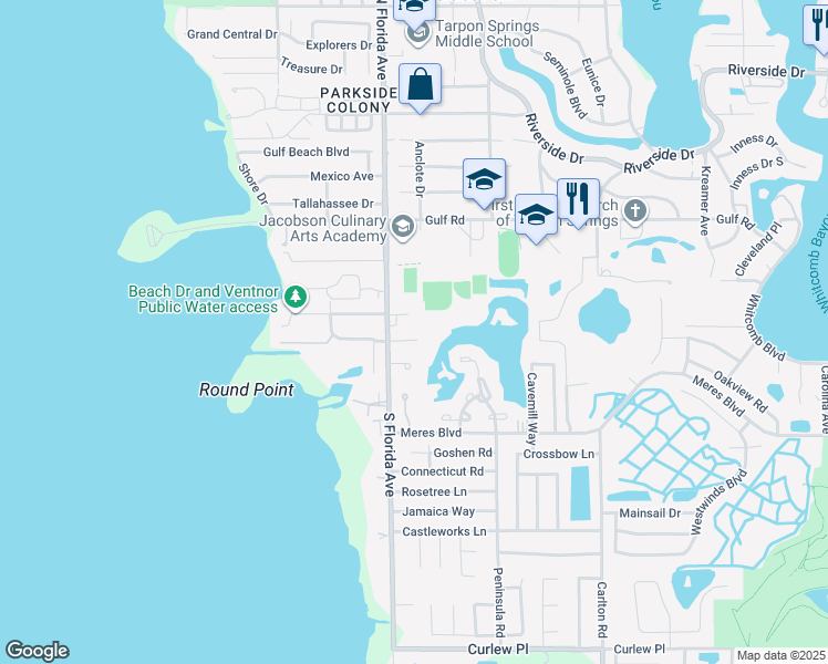 map of restaurants, bars, coffee shops, grocery stores, and more near 1104 Misty Lane in Tarpon Springs