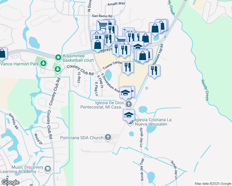 map of restaurants, bars, coffee shops, grocery stores, and more near 857 East Flag Lane in Kissimmee