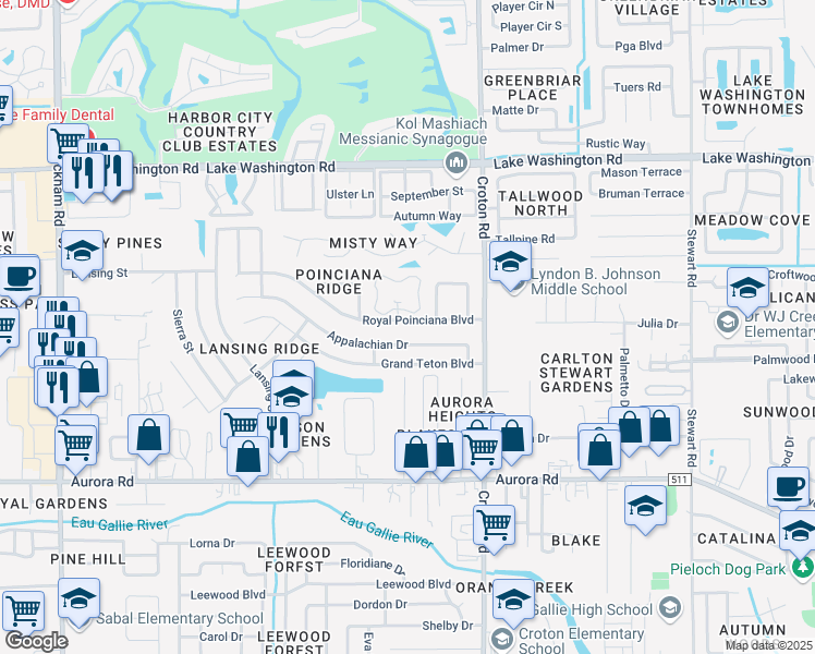 map of restaurants, bars, coffee shops, grocery stores, and more near 2195 Royal Poinciana Boulevard in Melbourne