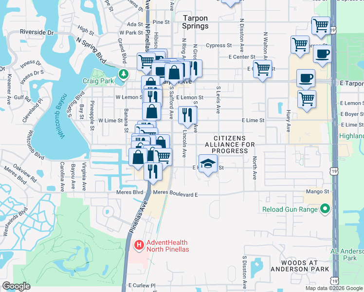 map of restaurants, bars, coffee shops, grocery stores, and more near 240 East Martin Luther King Junior Drive in Tarpon Springs