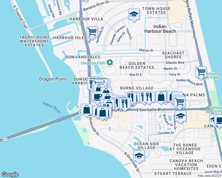 map of restaurants, bars, coffee shops, grocery stores, and more near 1402 Parkside Place in Satellite Beach