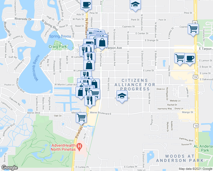 map of restaurants, bars, coffee shops, grocery stores, and more near 301 East Martin Luther King Junior Drive in Tarpon Springs