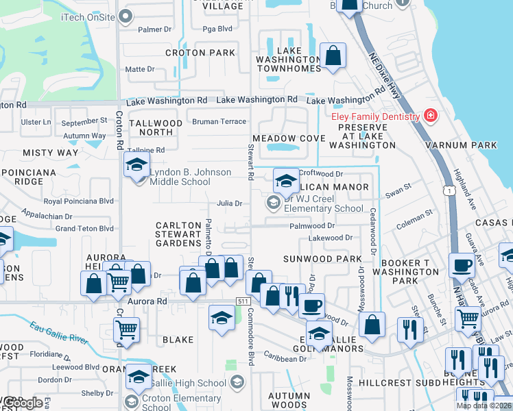 map of restaurants, bars, coffee shops, grocery stores, and more near 2113 Stewart Road in Melbourne