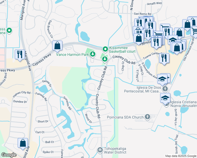 map of restaurants, bars, coffee shops, grocery stores, and more near 631 Caddy Drive in Kissimmee