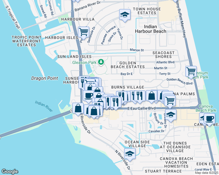 map of restaurants, bars, coffee shops, grocery stores, and more near 1402 Parkside Place in Satellite Beach