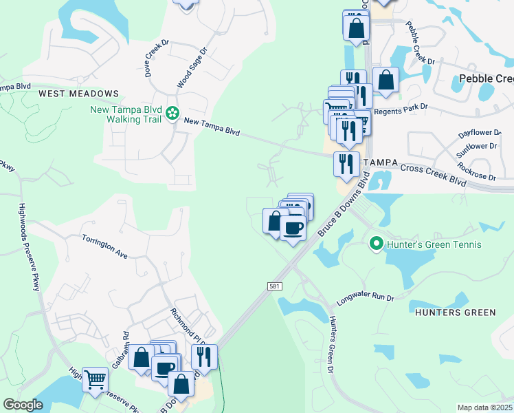 map of restaurants, bars, coffee shops, grocery stores, and more near 8500 Hunters Village Road in Tampa