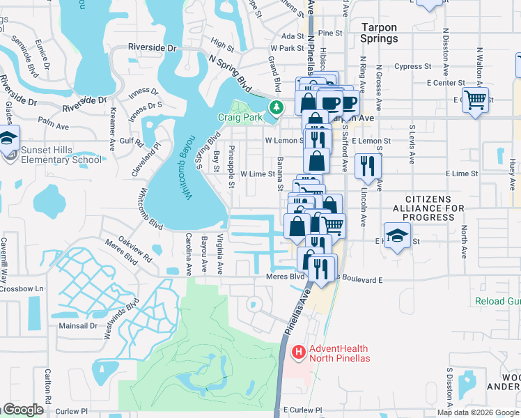 map of restaurants, bars, coffee shops, grocery stores, and more near 221 West Martin Luther King Junior Drive in Tarpon Springs